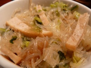 Bun tau xao cha chien cai bac thao: bean threads with Chinese cabbage and cha chien<